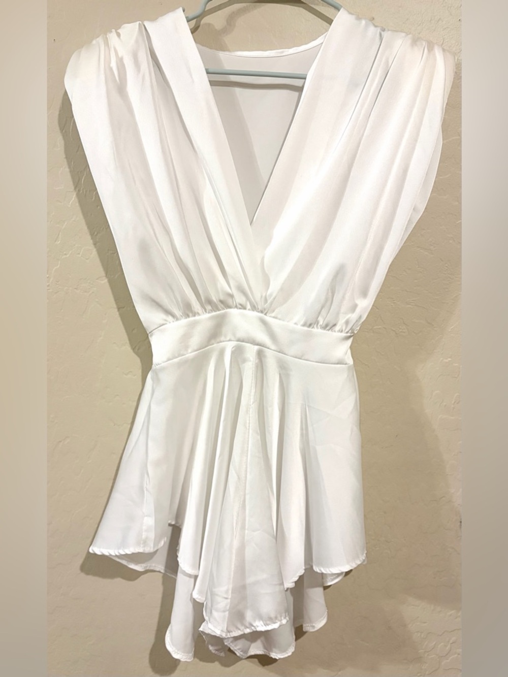 White Deep V Draped Romper Bridal Shower Bachelorette Outfit Flowy Mini- Size S
